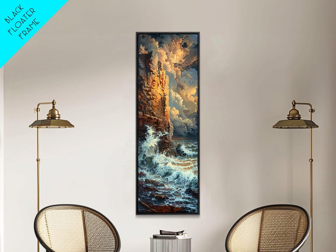 Majestic Coastal Cliff Crashing Waves Dramatic Cloudy Sky Poster - Image 2