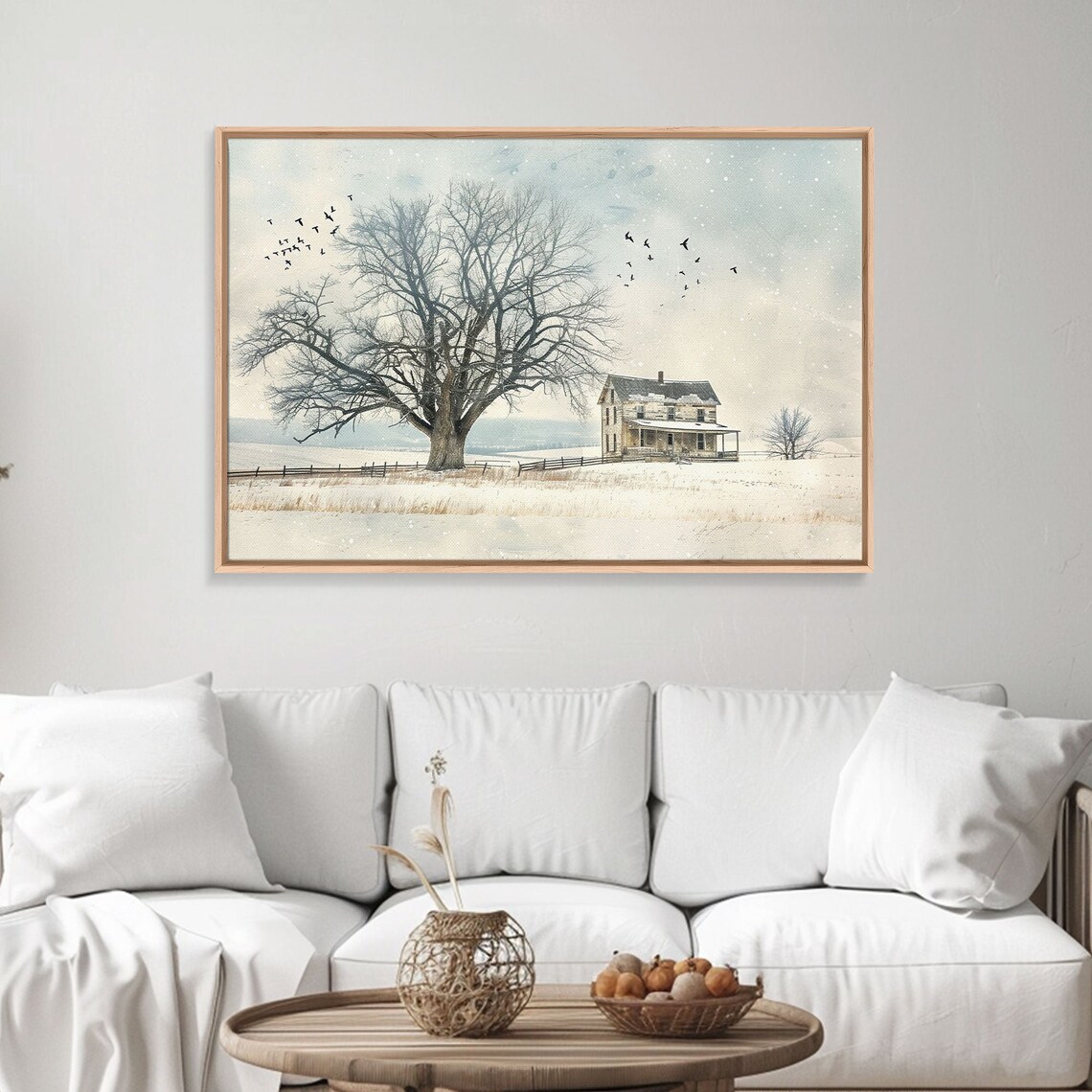 Winter Farm Snowy Field Farmhouse Bare Tree Birds Cold Morning Poster - Image 3