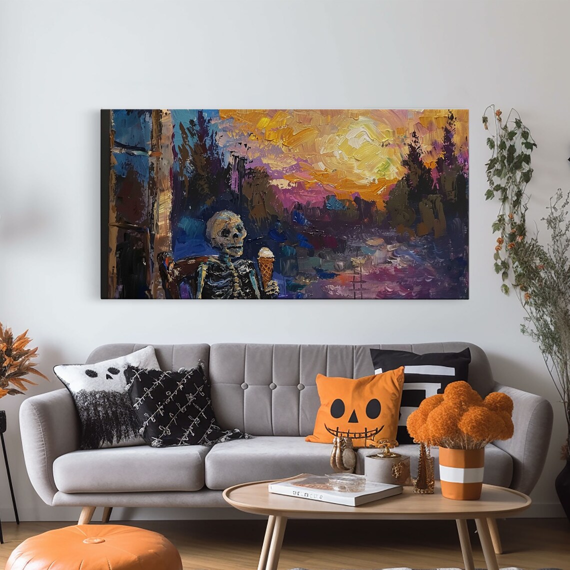 Skeleton Eating Ice Cream At Sunset Colorful Impressionist Art Poster - Image 6