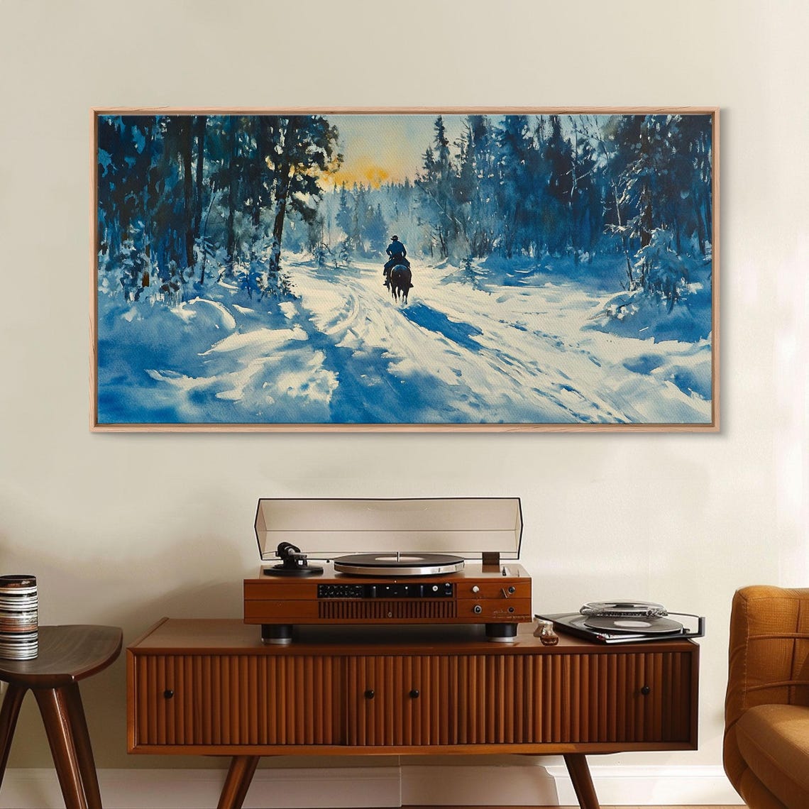 Lone Horse Rider On Snowy Forest Trail Winter Sunset Art Print