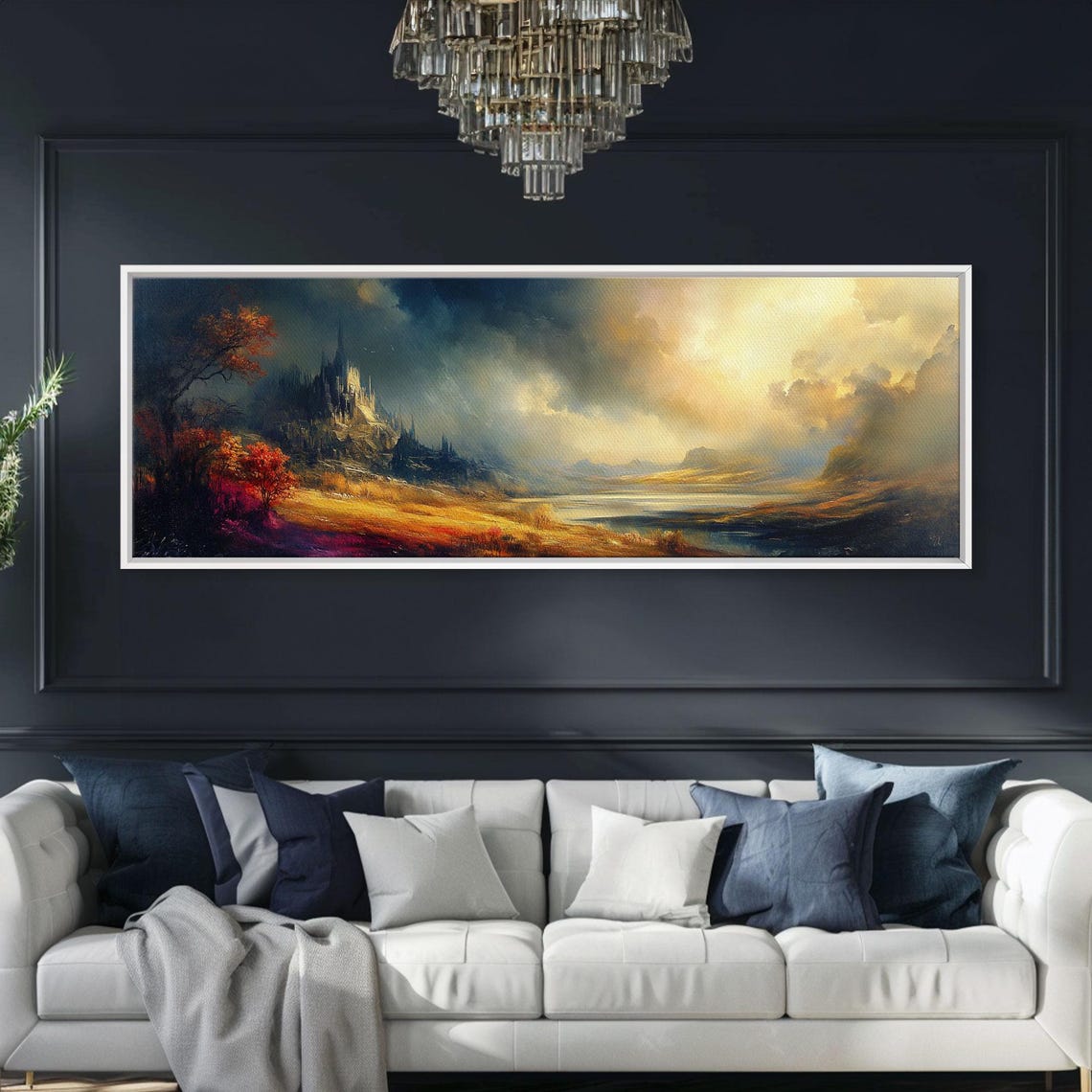 Dark Fantasy Castle On Cliff Golden Storm Clouds Valley Poster - Image 5