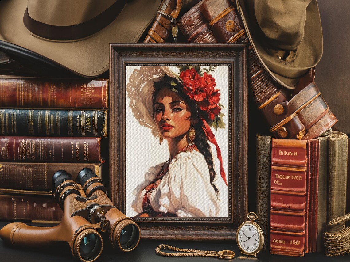 Latina Woman Portrait With Red Flowers In Hair Maximalist Wall Art - Image 4