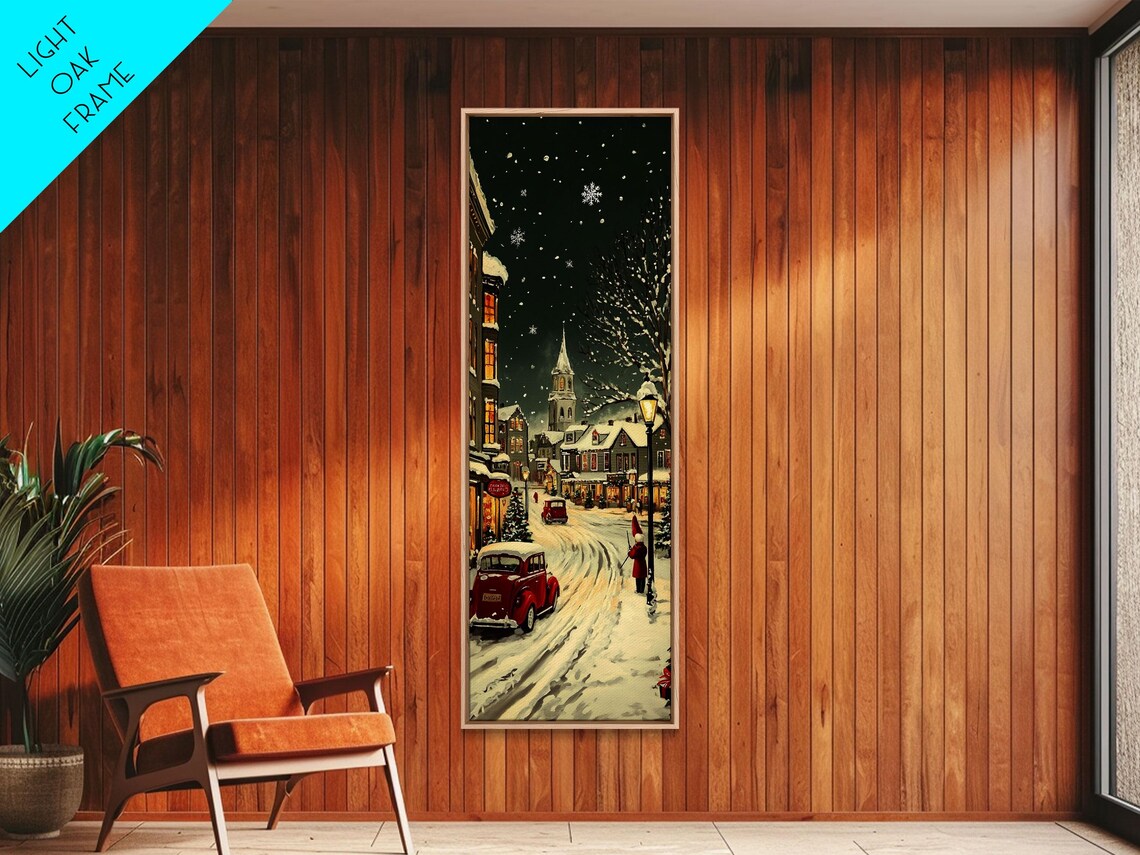 Snowy Village Street At Night With Vintage Red Car Christmas Poster - Image 3