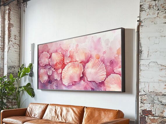 Pink Scallop Shells Wide Horizontal Coastal Watercolor Seashell Art Poster
