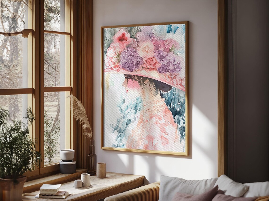 Woman Floral Hat Watercolor Portrait Garden Blossom Elegant Poster - Image 2