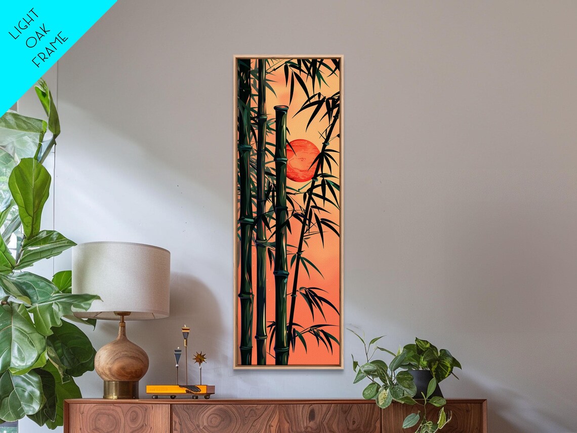 Bamboo Stalks Red Sun Silhouette Sunset Tall Japanese Wall Art - Image 3