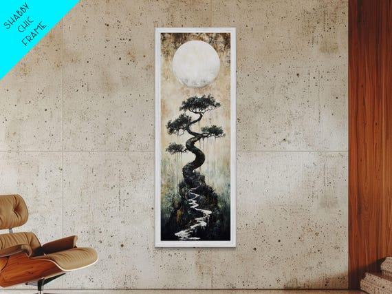 Mystical Moon And Bonsai Print Zen Wall Art Serene Wabi Sabi Decor Minimalist Nature Artwork Vertical Framed Artwork