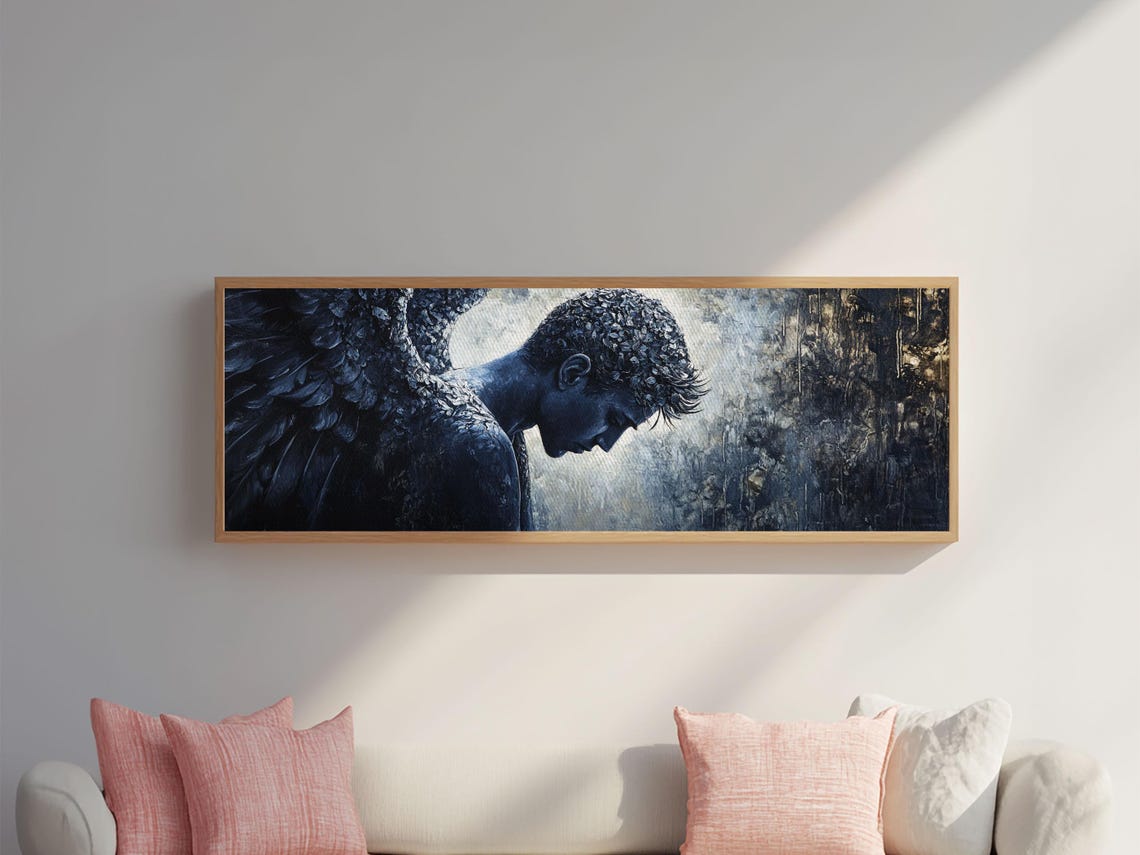 Serene Dark Angel Bowed Head Panoramic Moody Winged Figure Art Poster - Image 3
