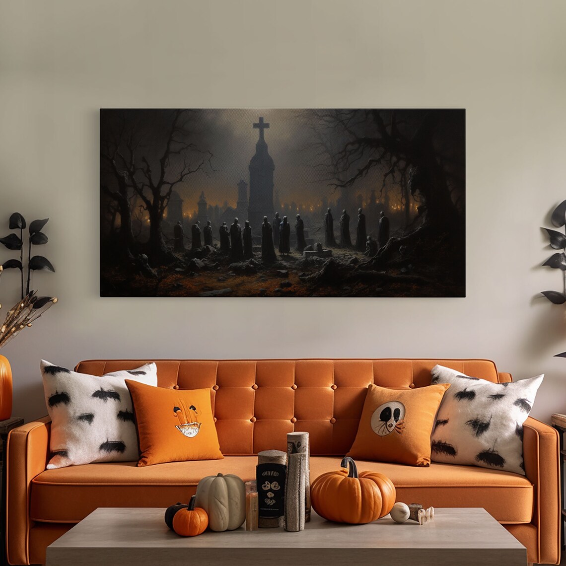 Haunted Cemetery Moonlit Church Cross Hooded Figures Graveyard Night Poster - Image 5