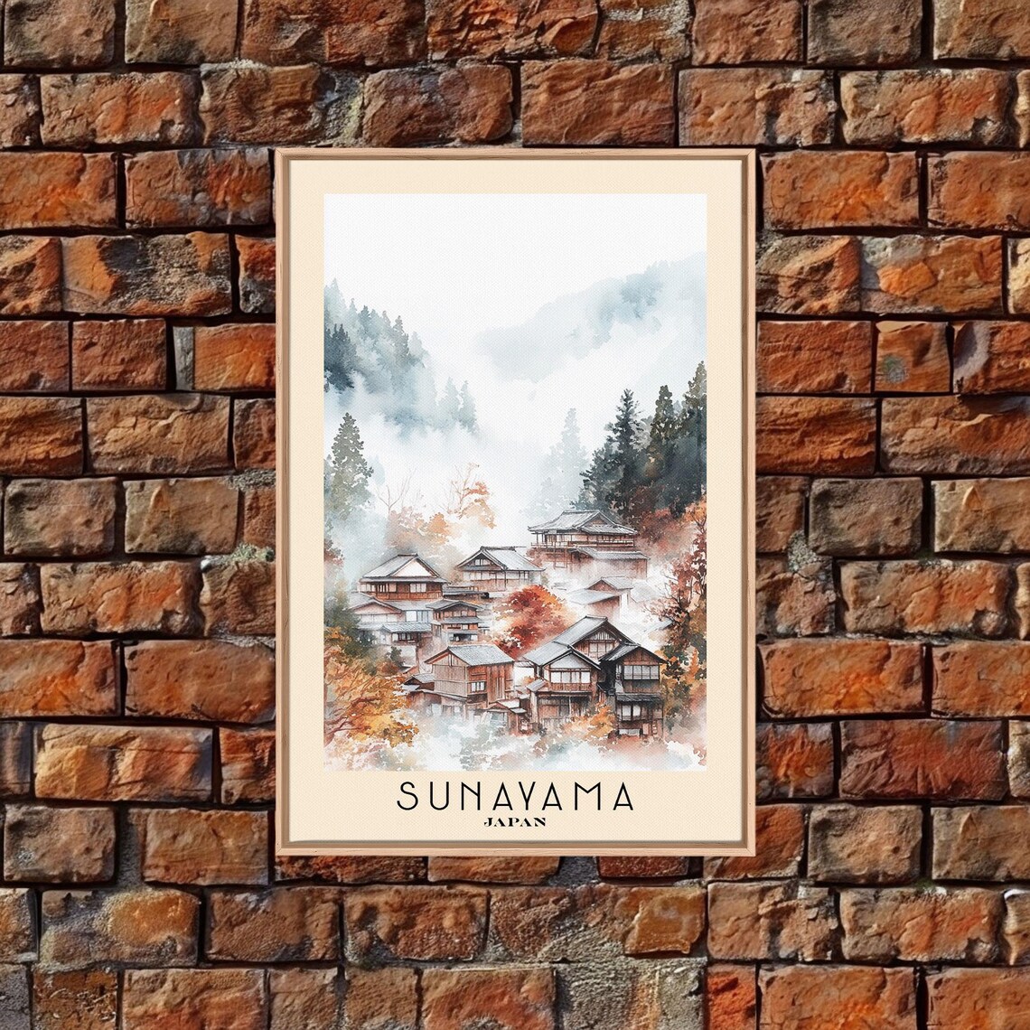 Sunayama Japan Misty Mountain Village Autumn Foliage Watercolor Poster