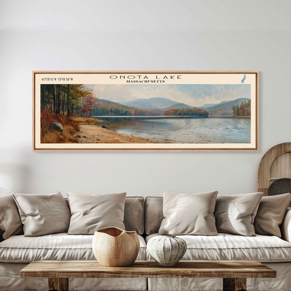 Onota Lake Massachusetts Framed Print Lake House Decor Panoramic Wall Art Travel Poster Landscape Painting Modern Art