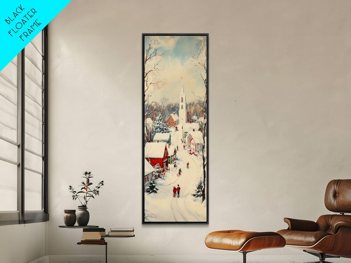 Snowy Village Church Steeple Winter Stroll Vintage Christmas Poster - Image 4