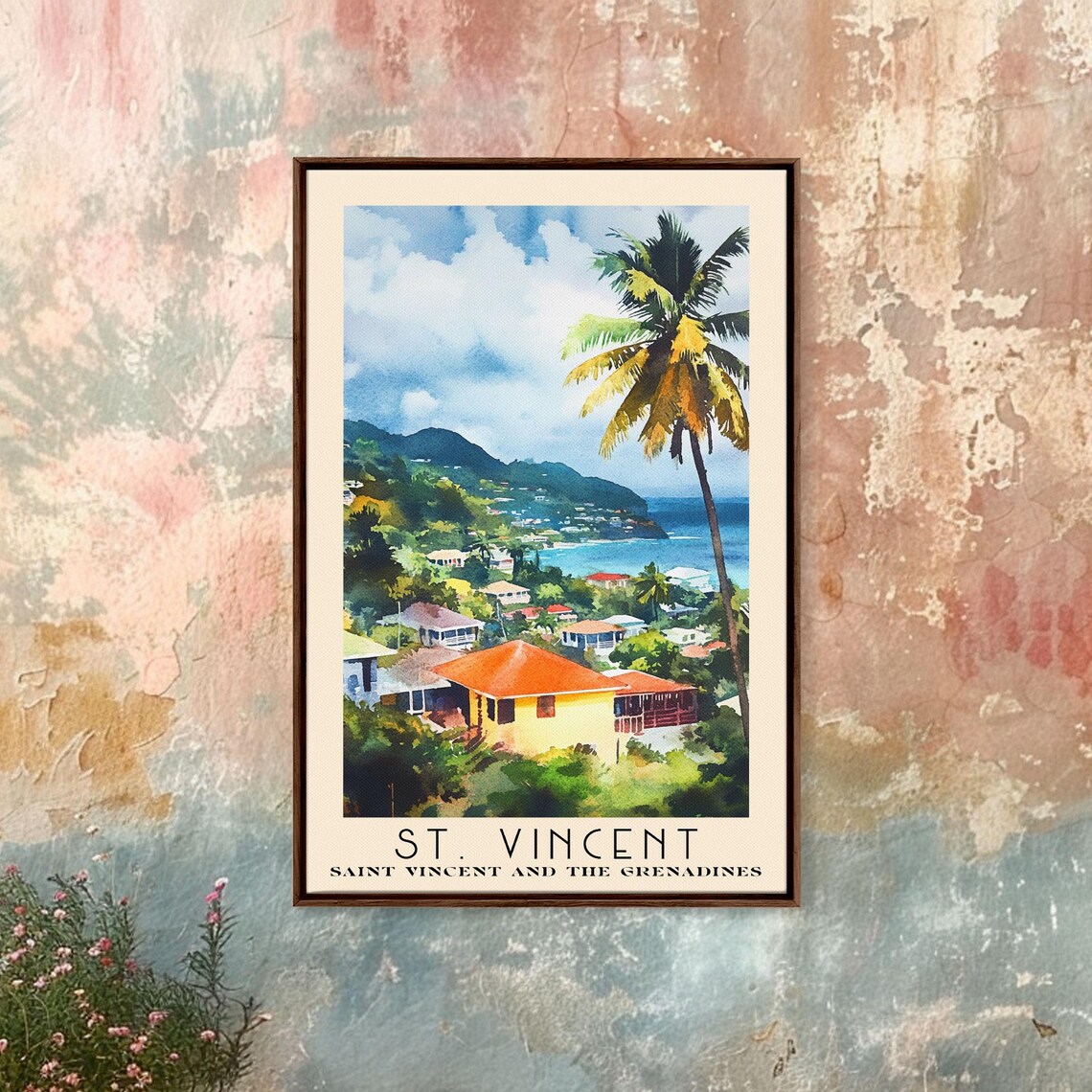 St Vincent Caribbean Hillside Town Colorful Houses Palm Tree Poster - Image 3