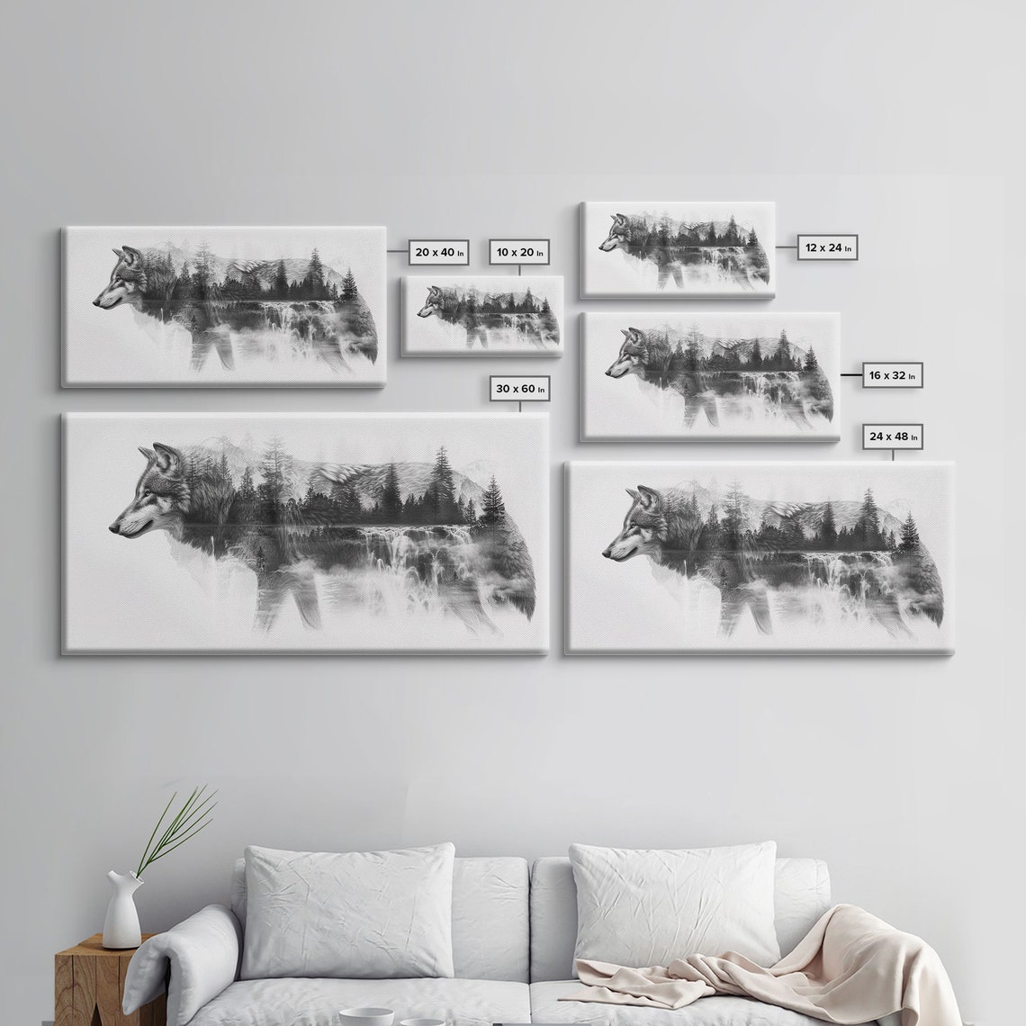 Gray Wolf Forest Waterfall Double Exposure Black White Poster - Image 2