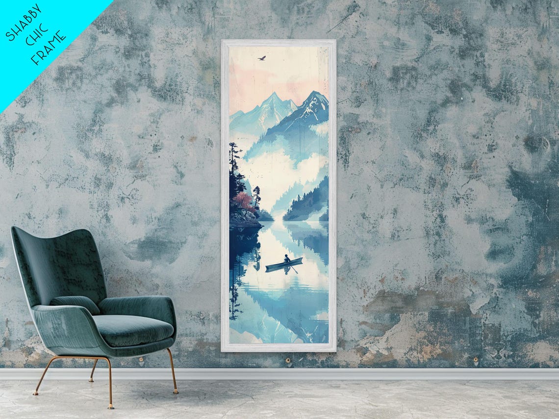 Rowboat Misty Lake Blue Mountains Reflection Serene Ukiyo E Poster - Image 5