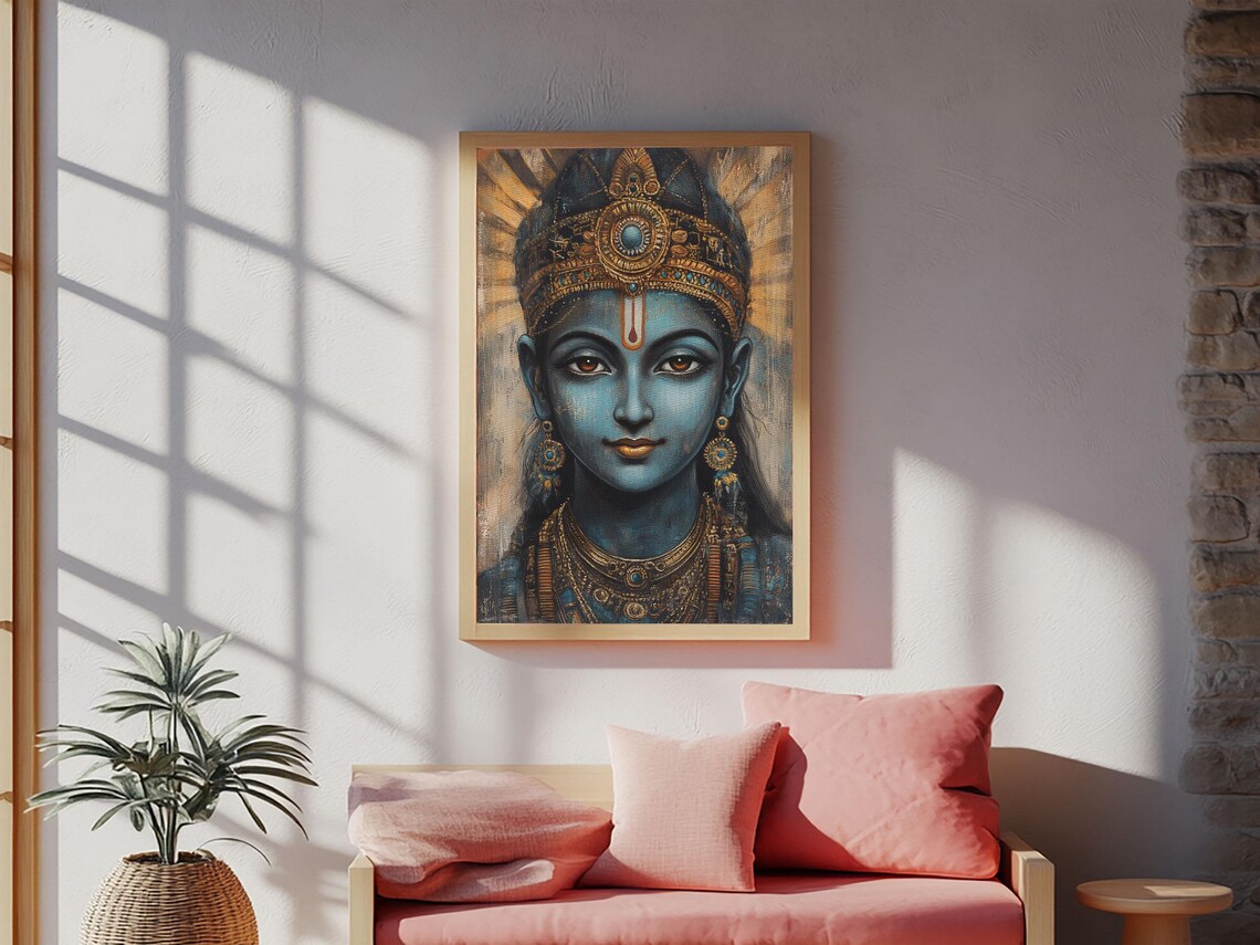 Lord Krishna Blue Deity Portrait Madhubani Style Spiritual Art Print - Image 6