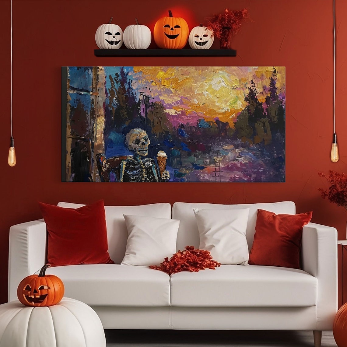 Skeleton Eating Ice Cream At Sunset Colorful Impressionist Art Poster