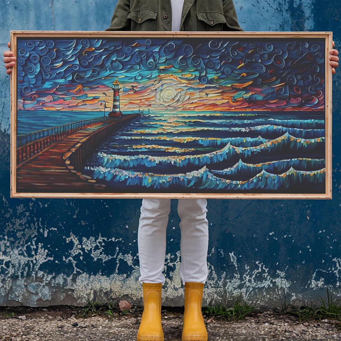 Starry Night Lighthouse Pier Crashing Waves Impasto Ocean Painting Poster - Image 6