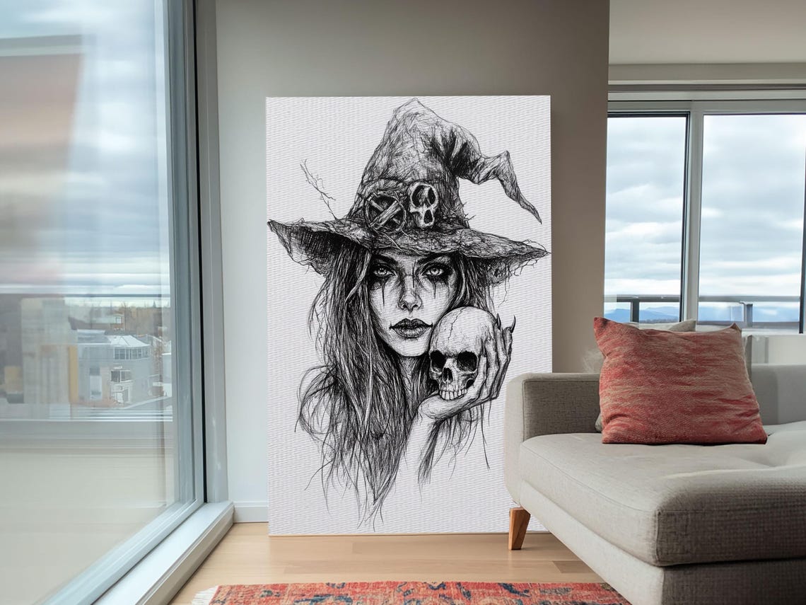Witch Holding Skull Charcoal Portrait Dark Halloween Art Poster - Image 5