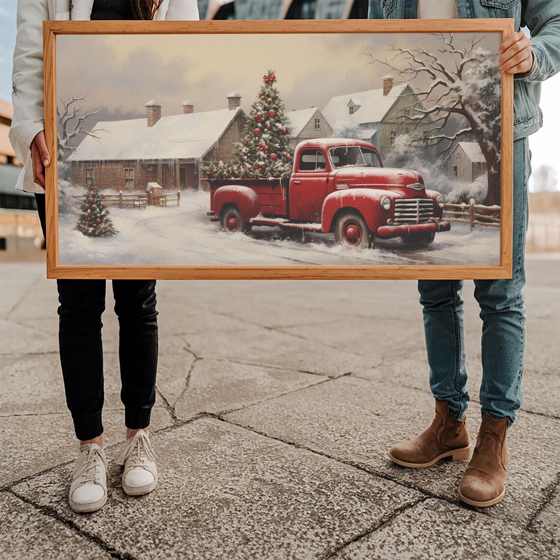 Retro Red Truck Delivering Christmas Tree To Barn In Snowfall Poster - Image 5