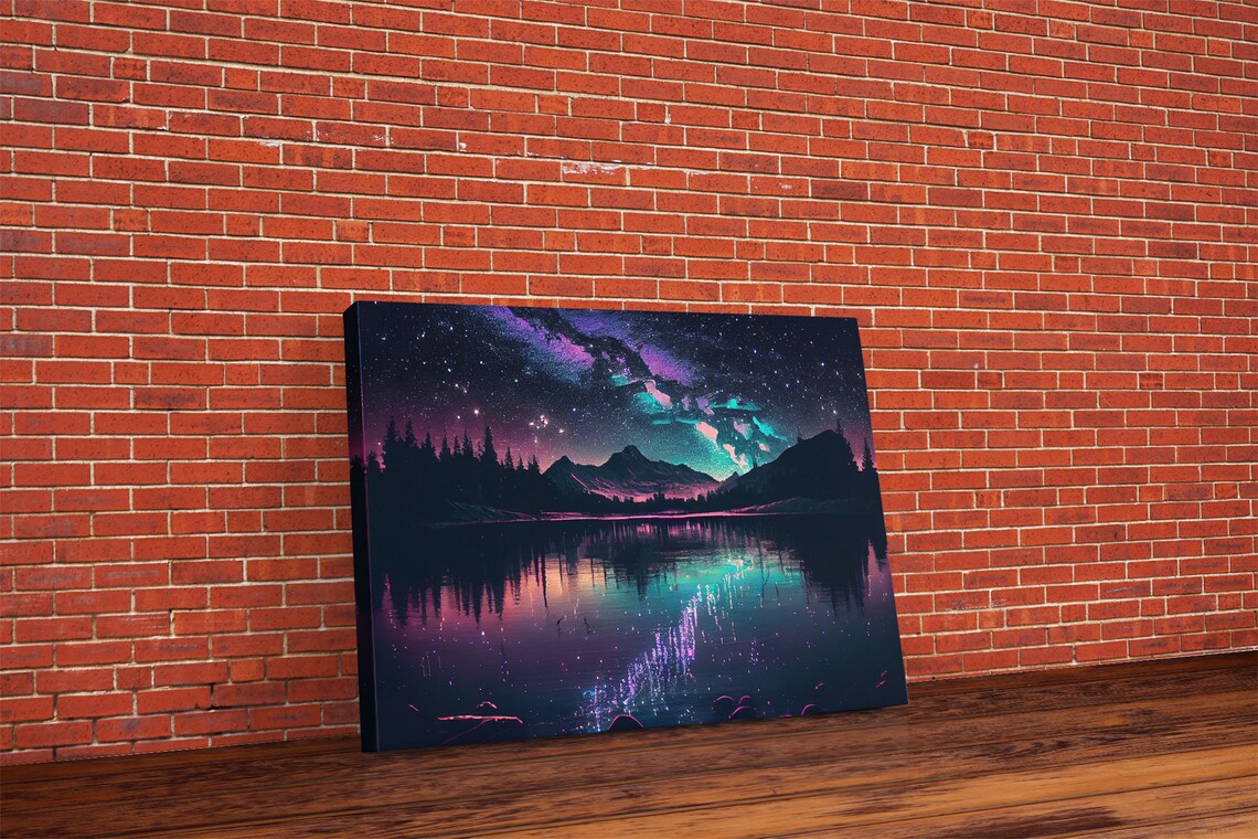 Vaporwave Starry Night Over Alaskan Lake Art Print