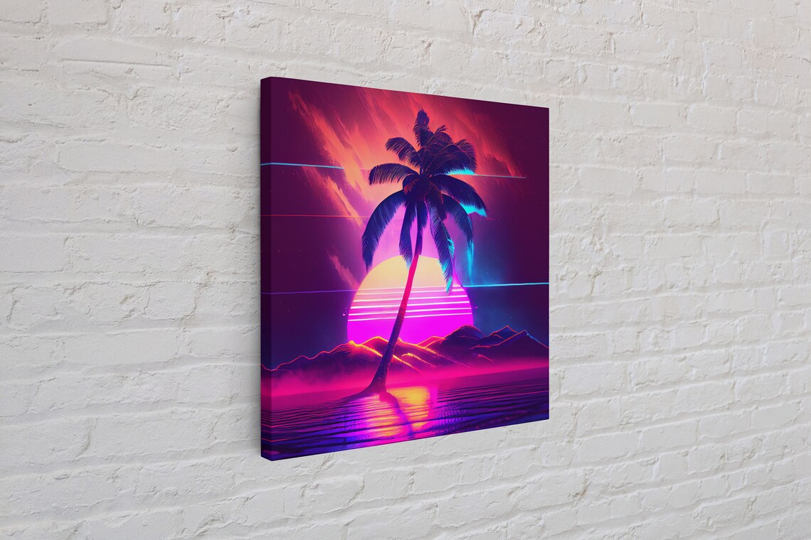 Neon Full Moon, Outrun Style Tropical Art Print - Image 4