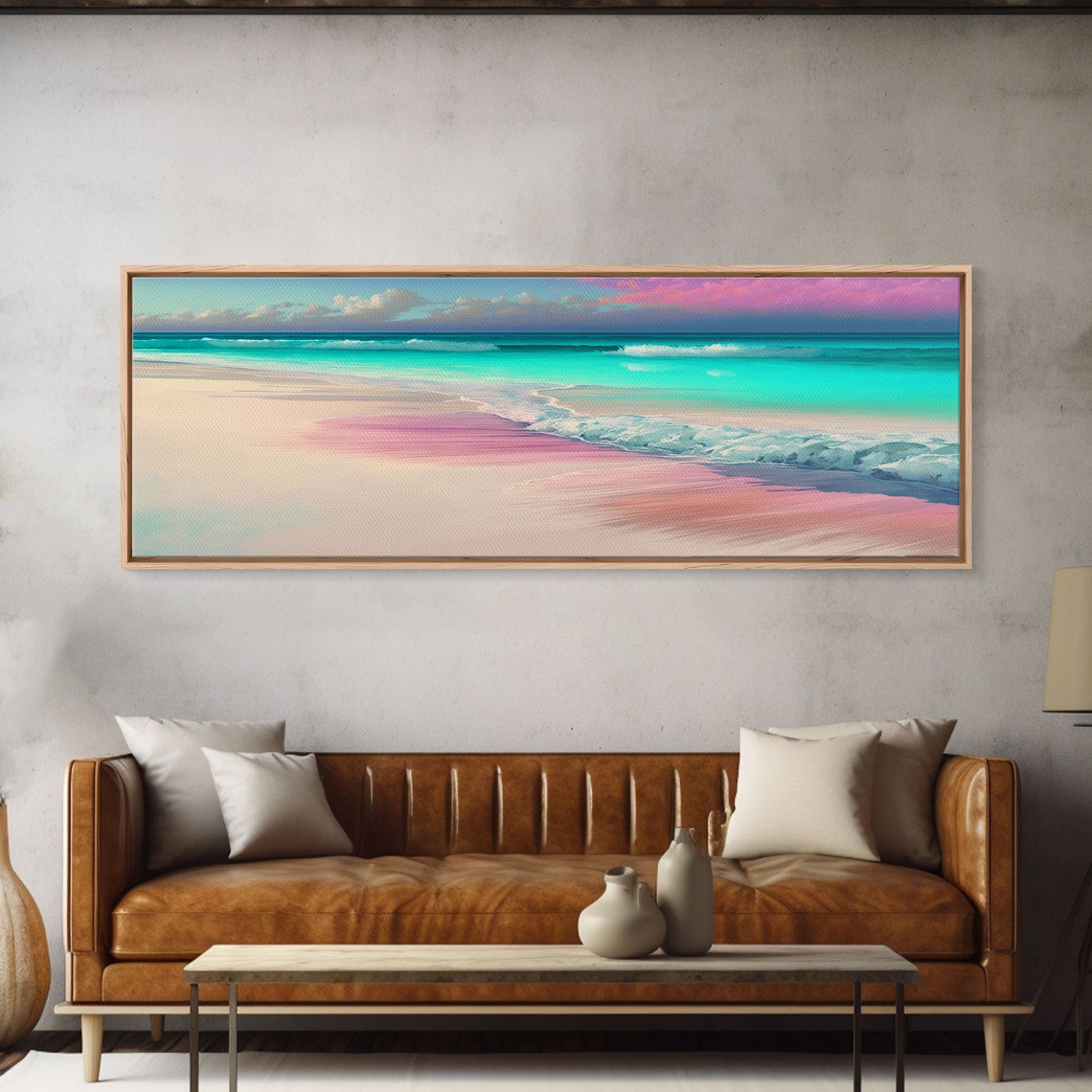 Panoramic Pastel Beach Sunset Pink Sand Turquoise Ocean Waves Poster