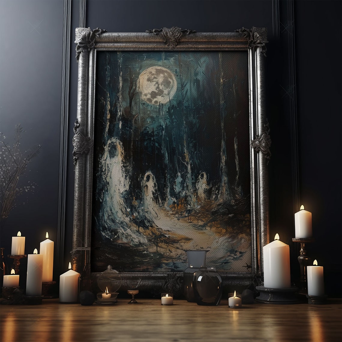 Ghostly Figures In Moonlit Forest Haunting Full Moon Night Poster - Image 5