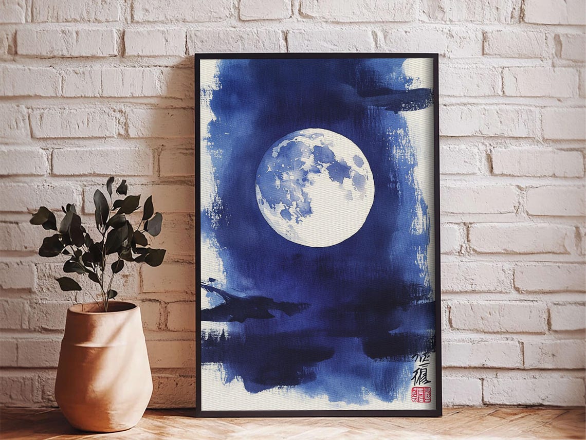 Japanese Full Moon Indigo Night Sky Calligraphy Watercolor Print - Image 3