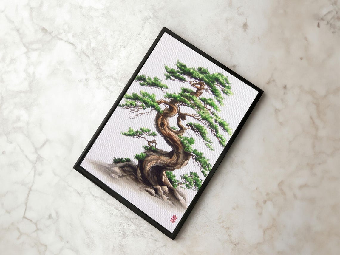 Twisted Bonsai Pine Tree Minimalist Watercolor Zen Art Print - Image 4