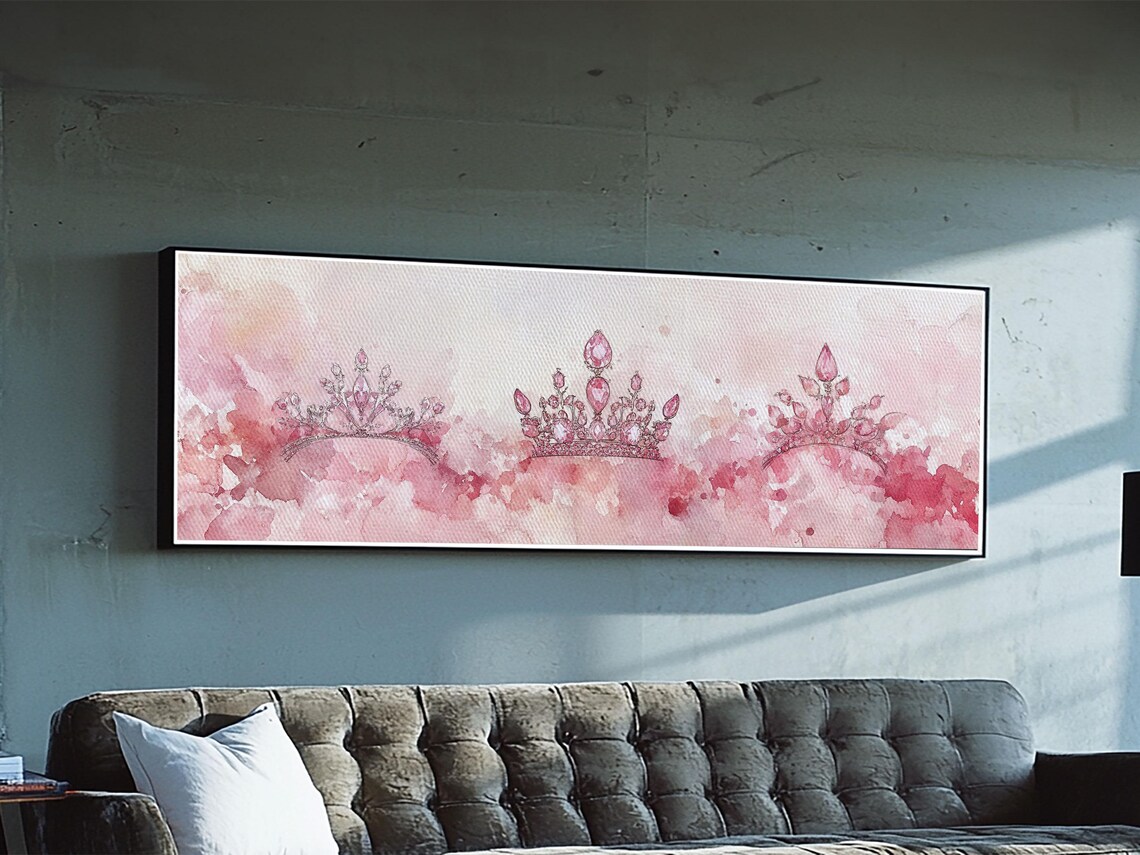 Pink Watercolor Tiaras Trio Princess Crowns Horizontal Wall Art Poster - Image 6