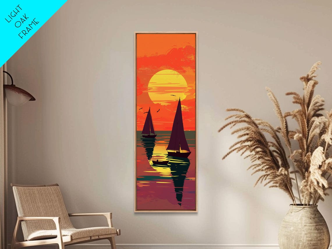 Sailing Boats Orange Sunset Golden Sun Seascape Ukiyo E Poster