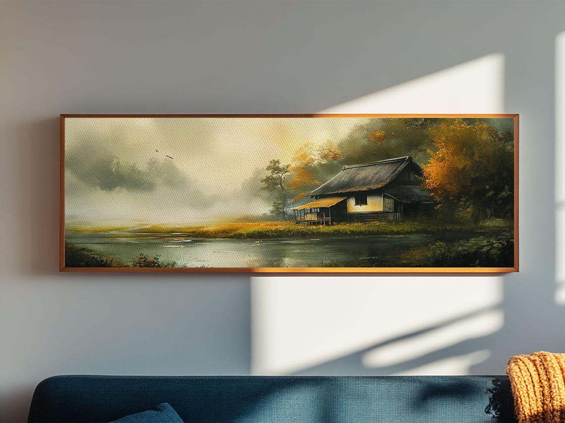Autumn Lakeside Cabin Misty Water Golden Trees Rustic Wall Poster