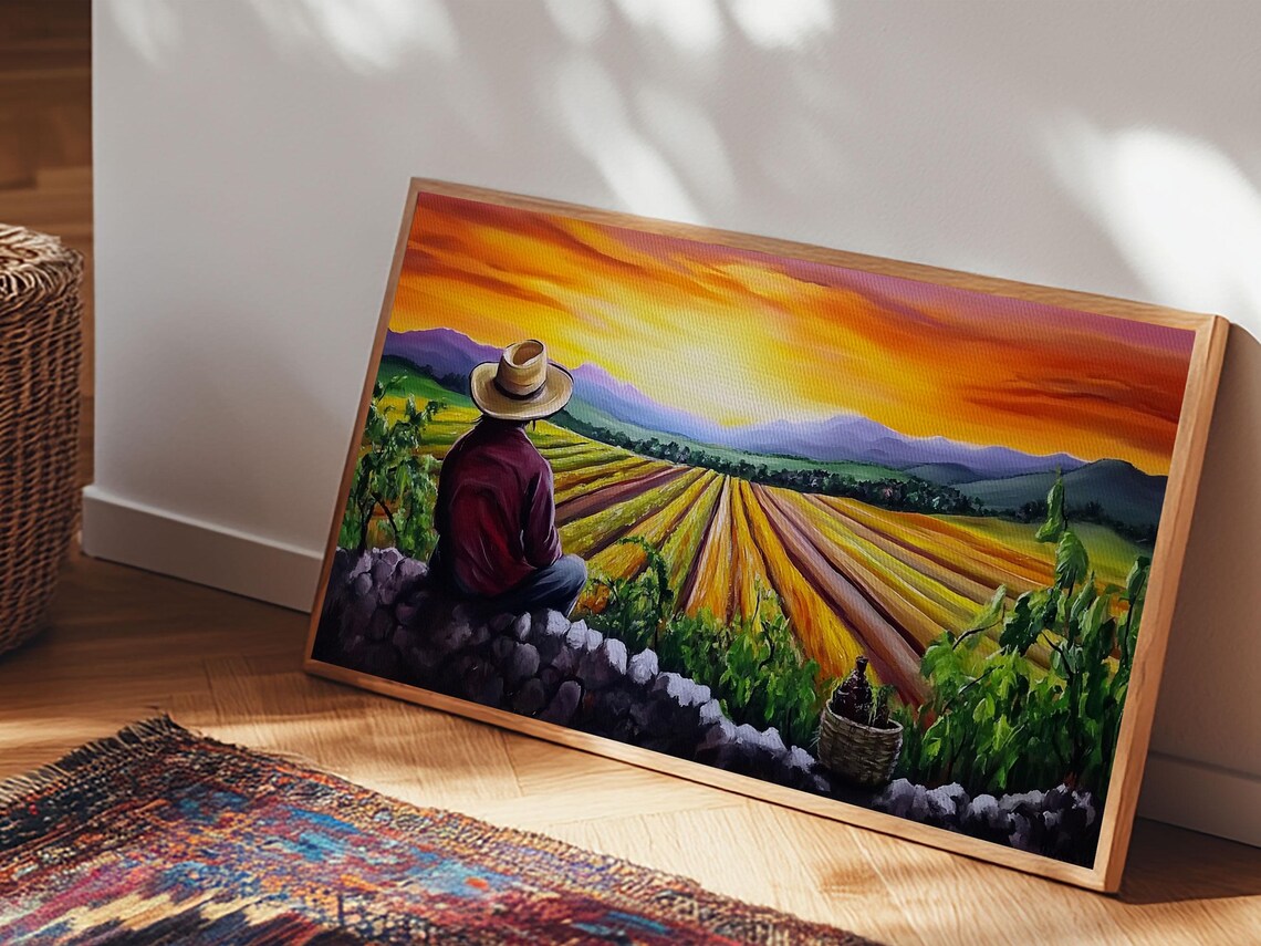 Farmer Straw Hat Overlooking Vineyard Rows Sunset Mexican Harvest Poster - Image 2