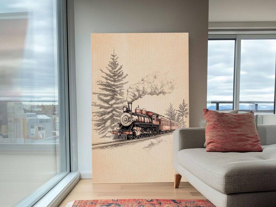 Vintage Steam Train Christmas Sketch Locomotive Pine Trees Art Poster - Image 5