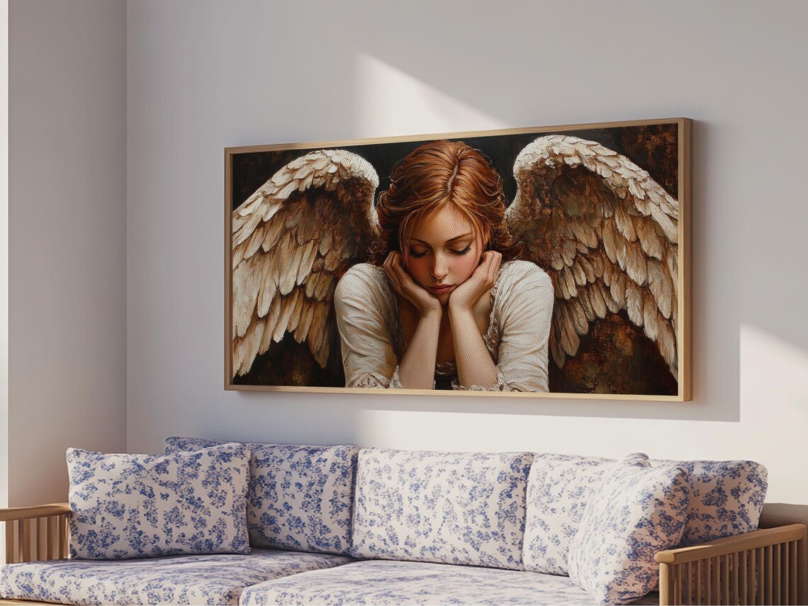 Pensive Angel Golden Feathered Wings Moody Renaissance Art Poster - Image 2