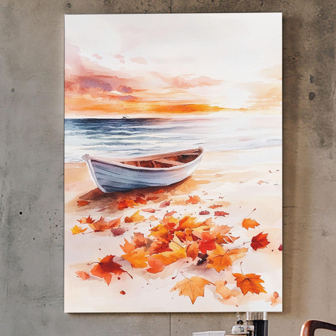 Wooden Rowboat On Beach With Autumn Leaves At Sunset Fall Poster - Image 2