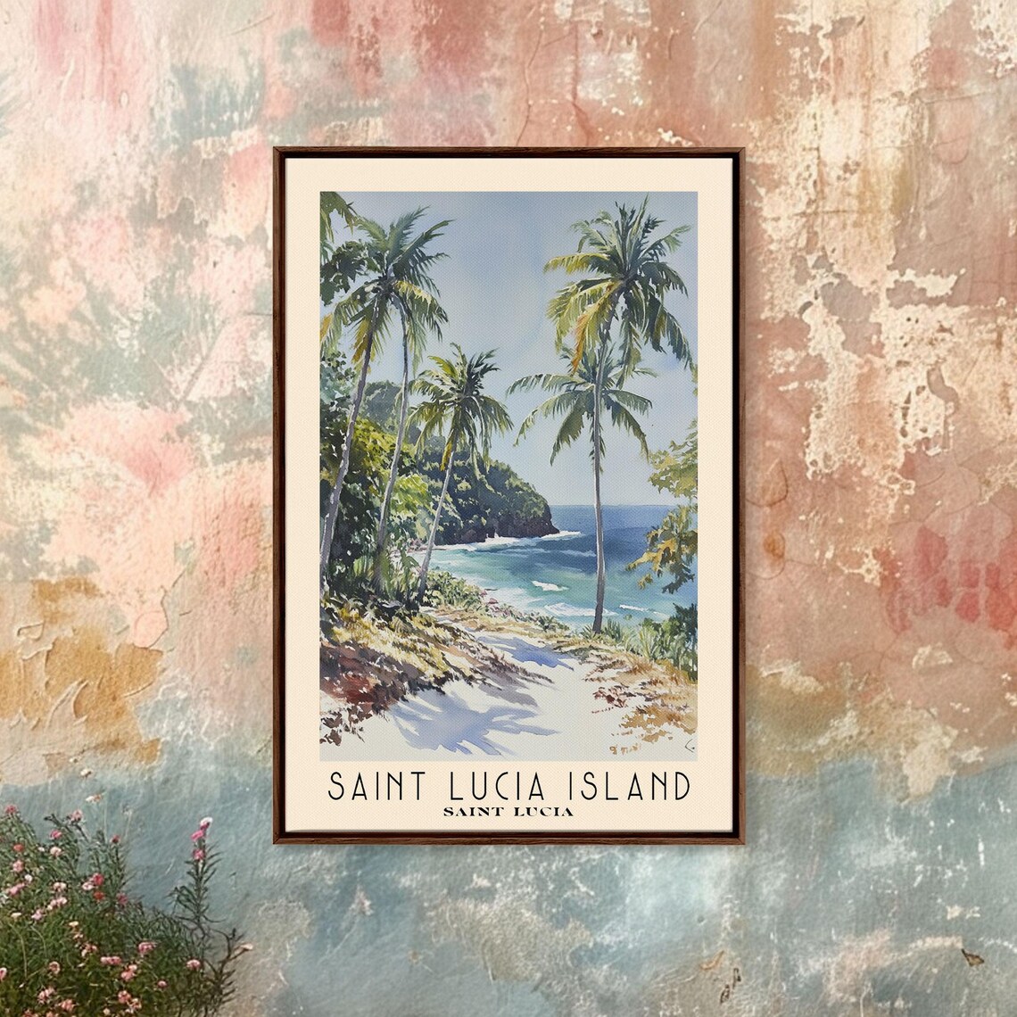 Saint Lucia Island Palm Cove Tropical Beach Watercolor Travel Poster - Image 4