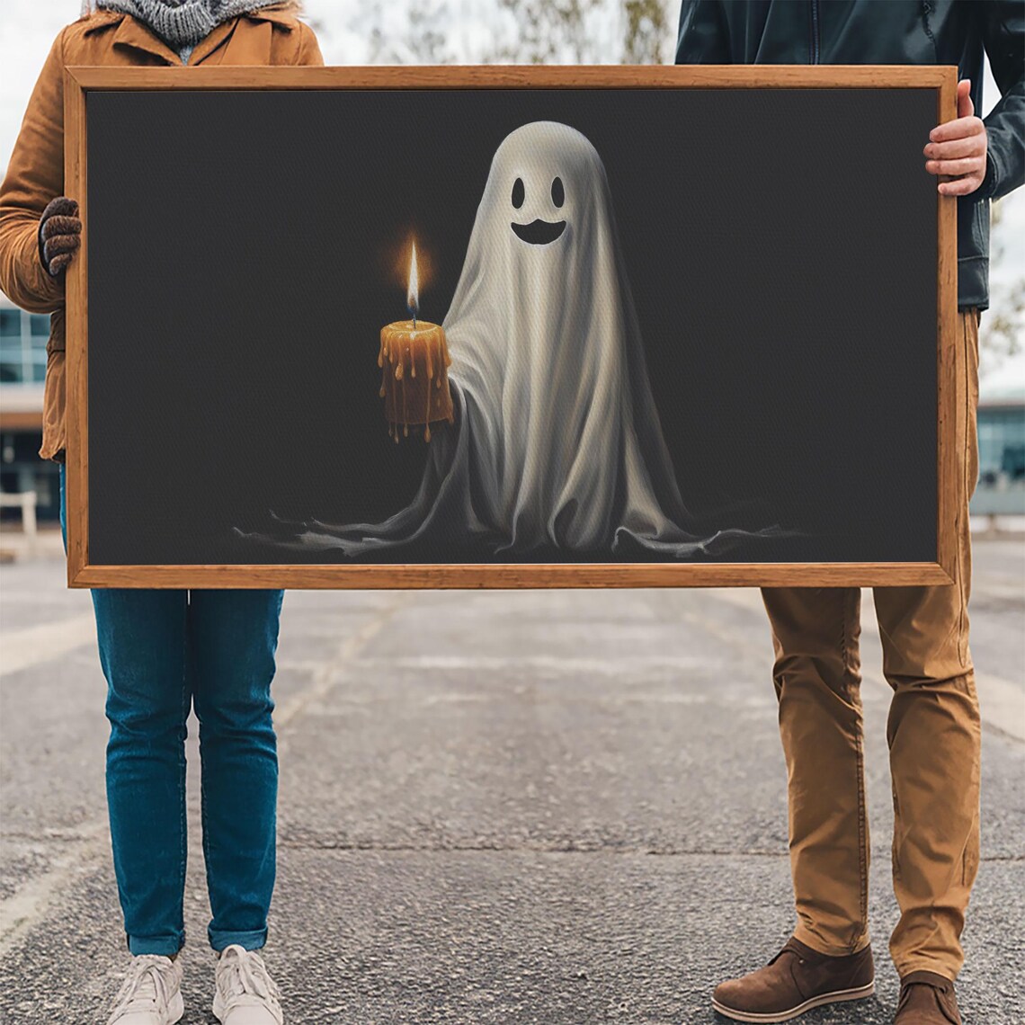 Smiling Ghost Holding Candle Cute Halloween Oil Painting Dark Poster - Image 3