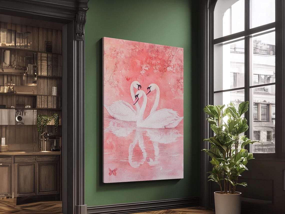Three White Swans Cherry Blossom Pink Watercolor Romantic Art Print - Image 4