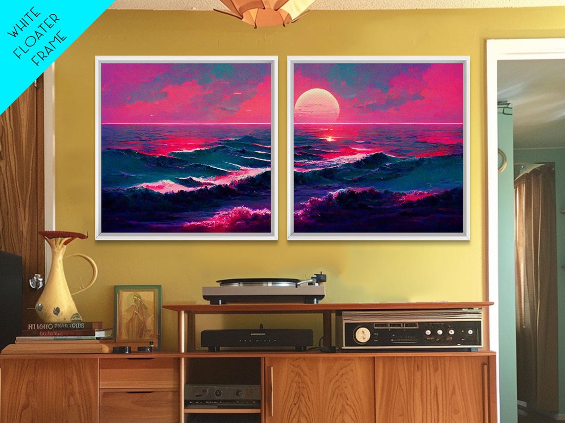 Synthwave Ocean Sunset Two Piece Retro Neon Pink Outrun Wall Art - Image 5