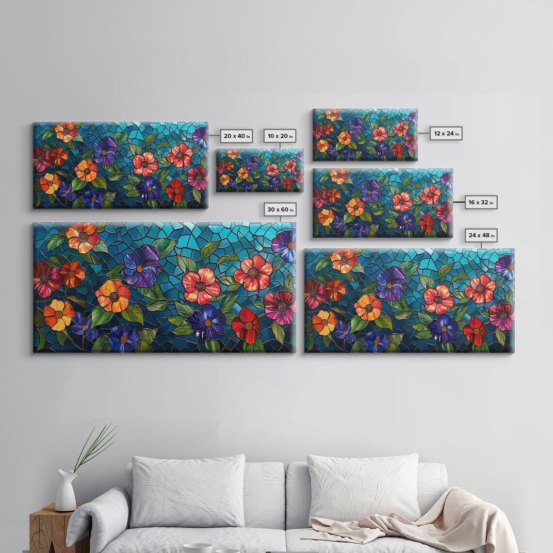 Stained Glass Flowers Turquoise Mosaic Colorful Blooms Wall Art Poster - Image 2
