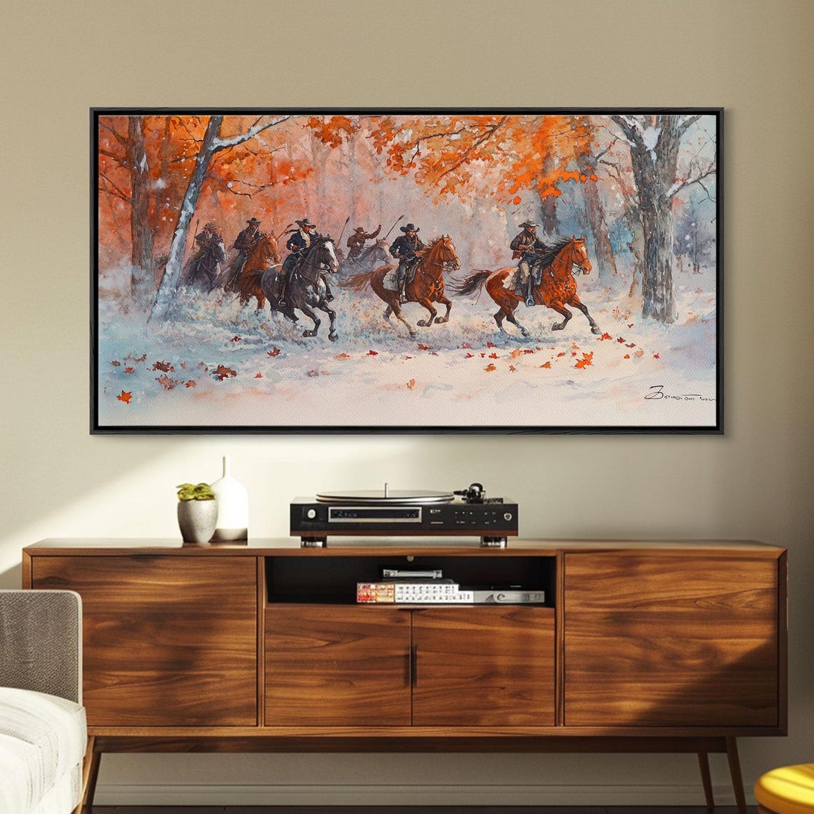 Cowboys Galloping Through Snowy Autumn Forest Storm Art Print - Image 5