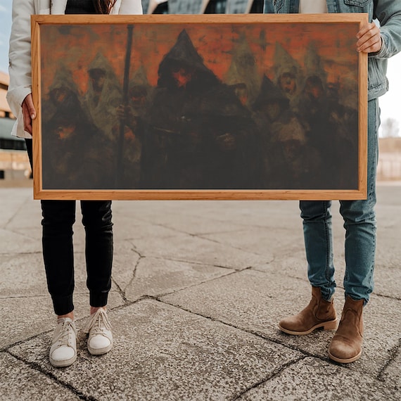 Hooded Cult Gathering Ritual Orange Night Sky Dark Horror Art Poster