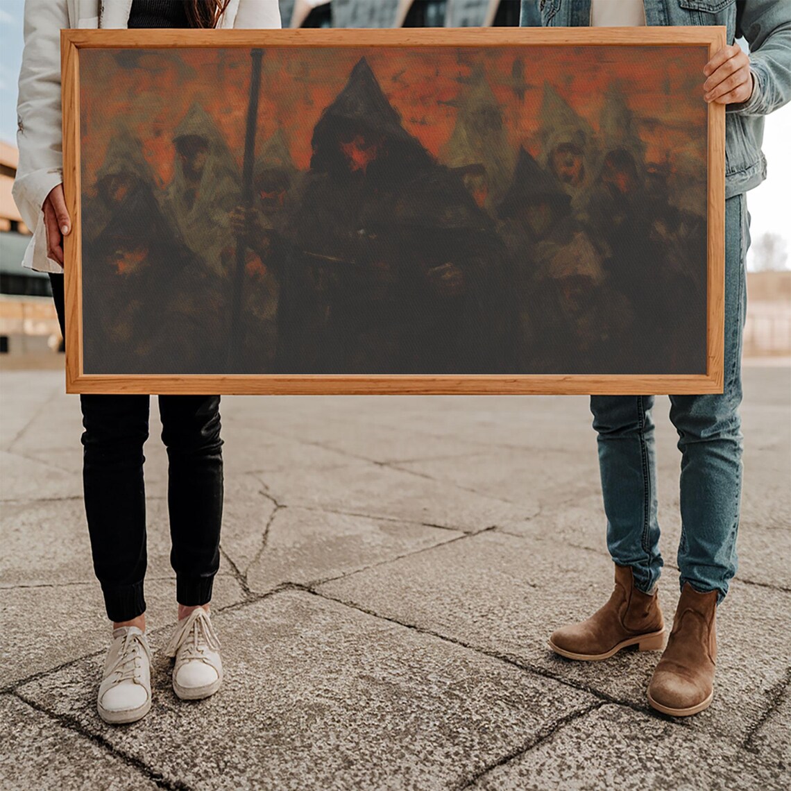 Hooded Cult Gathering Ritual Orange Night Sky Dark Horror Art Poster