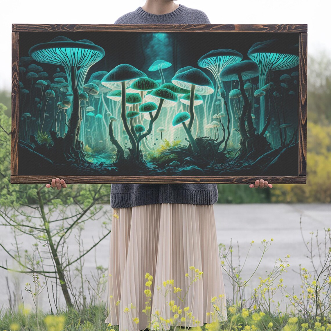 Glowing Bioluminescent Mushrooms Dark Forest Floor Teal Fantasy Poster - Image 2