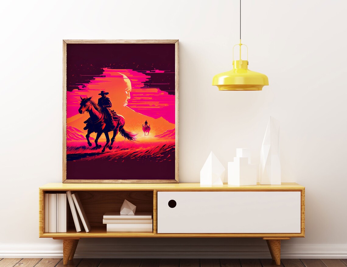 Vaporwave Cowboy Horseback Sunset Neon Western Retro Rodeo Art Poster - Image 2
