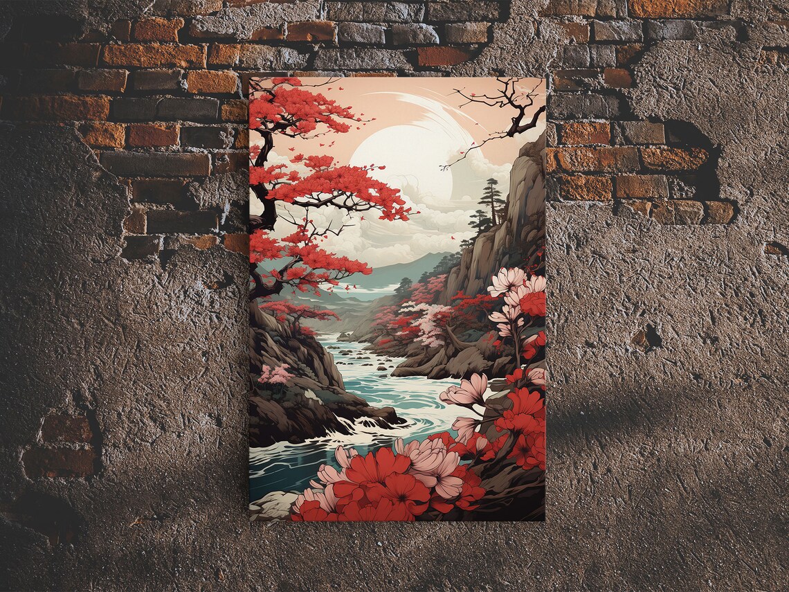 Japanese Maple Tree Over Stream, Japanese Art Print - Image 6