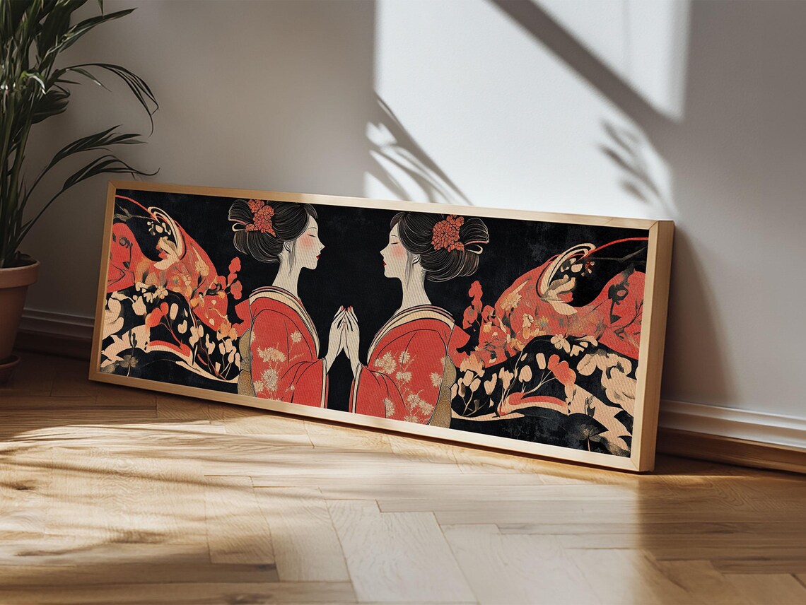 Geisha Red Kimono Mirrored Art Nouveau Japanese Floral Wall Poster - Image 3