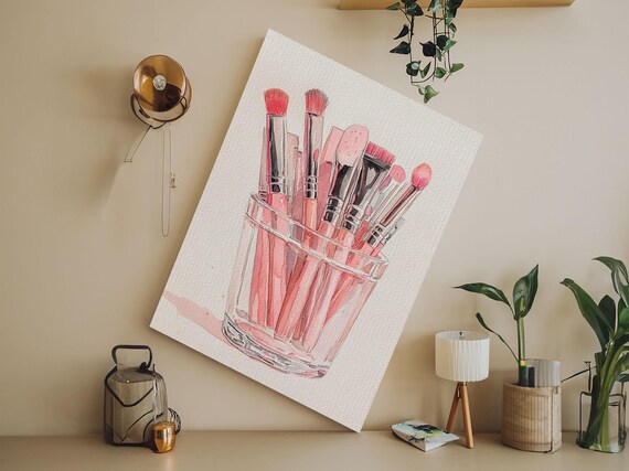 Pink Makeup Brushes in Glass Cup Watercolor Print Vanity Decor Poster